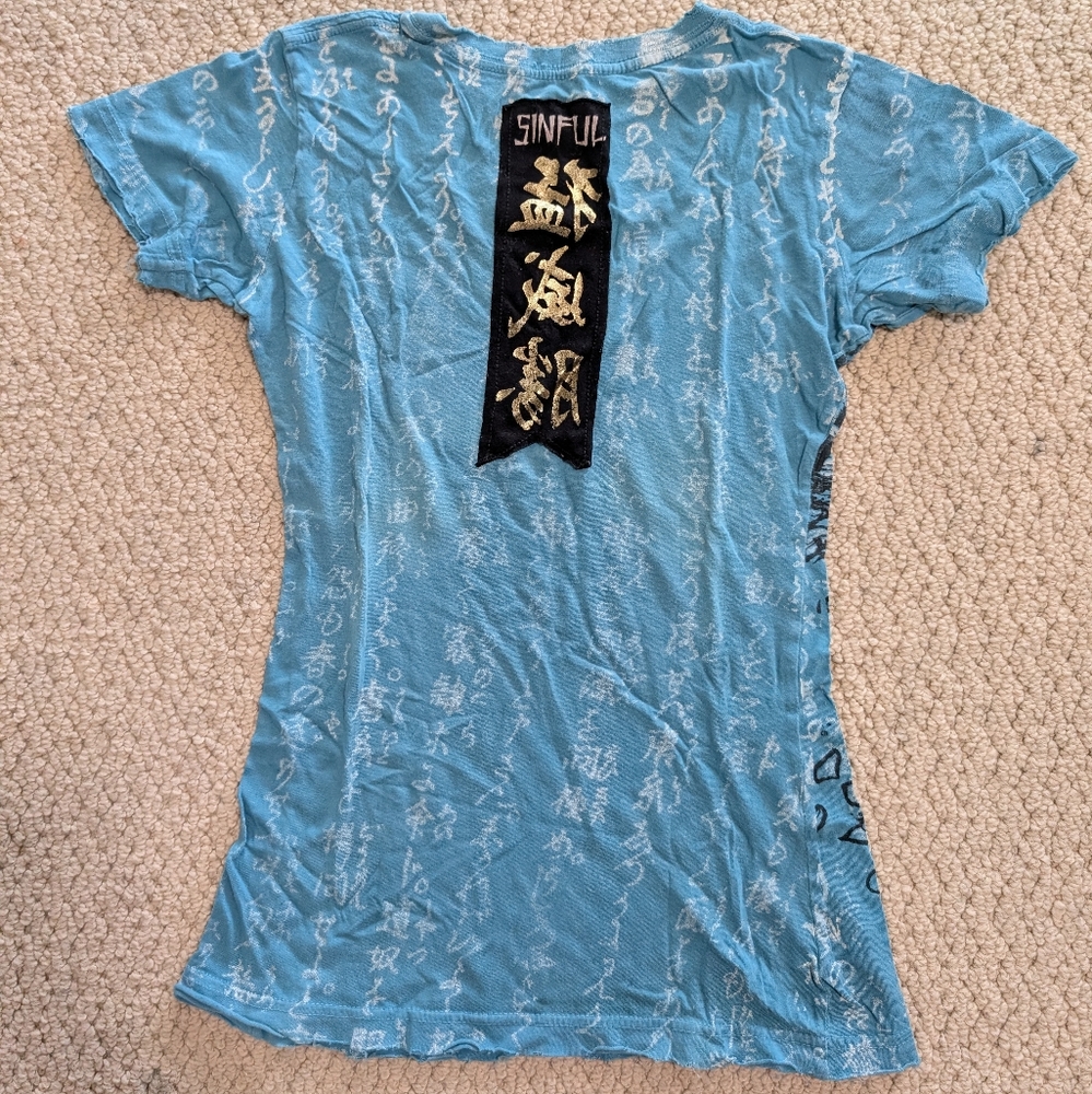 Sinful by Affliction Signature Series by Kari Barba Blue Crane Distressed Shirt - Picture 2 of 3